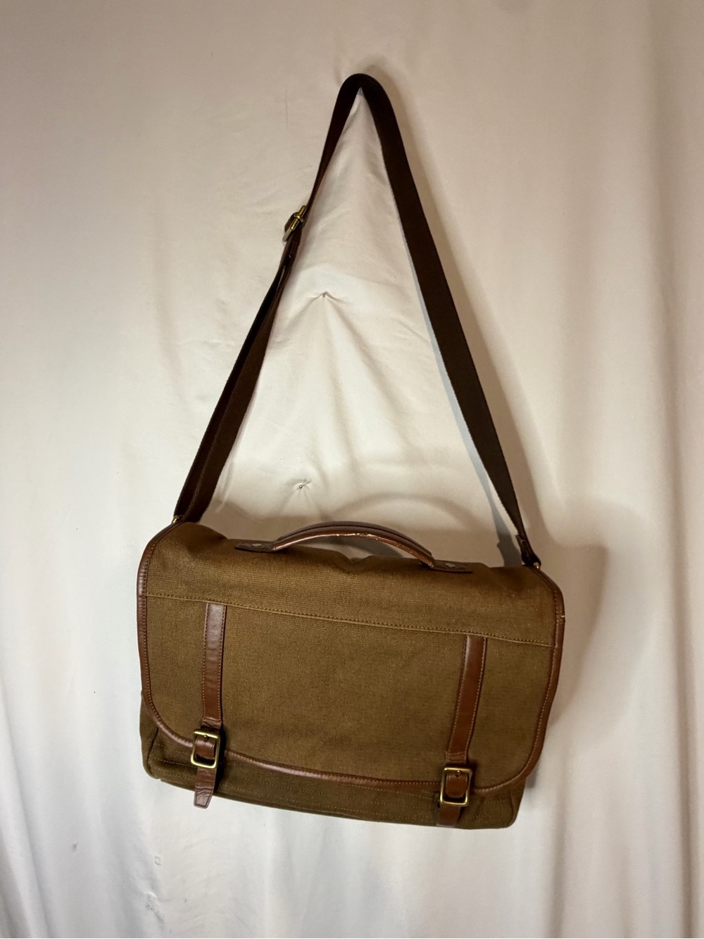 Fossil Brown Canvas Leather Messenger Bag Laptop Briefcase Key Charm Crossbody